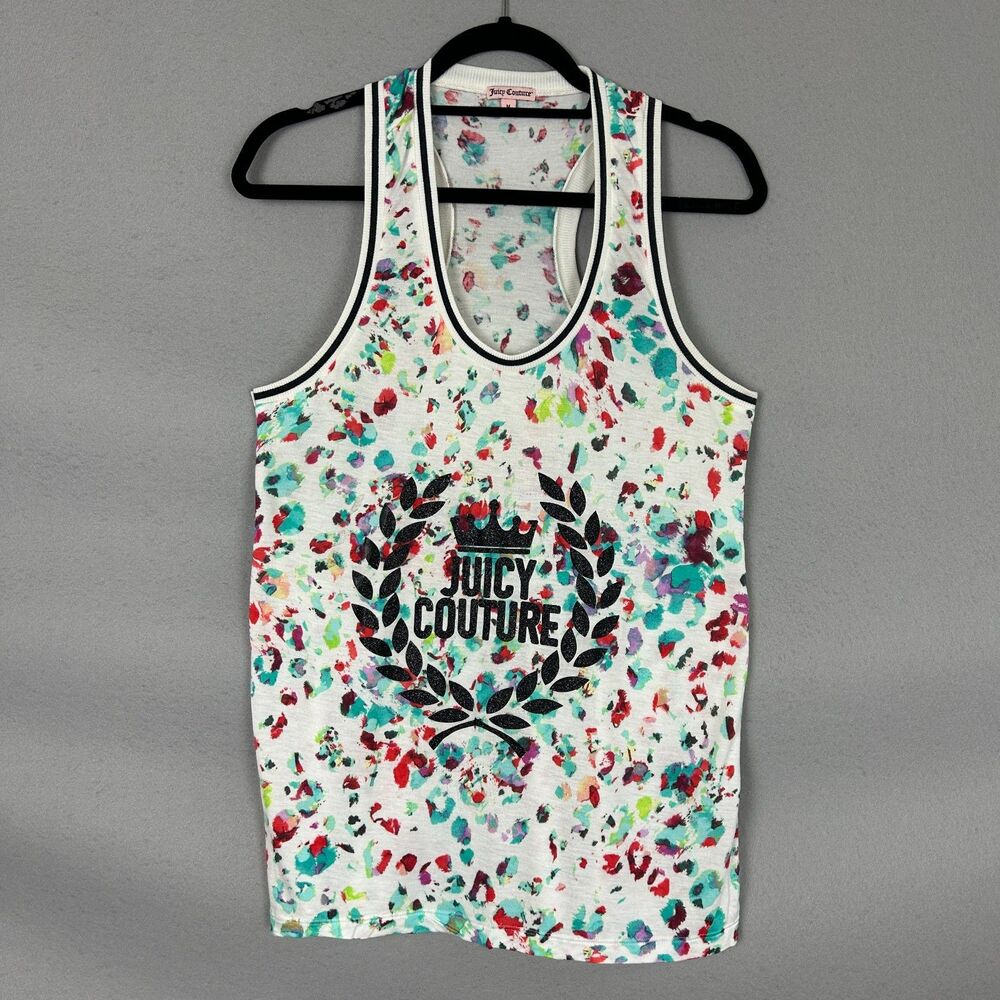 Juicy Couture White Print Racerback Tank Top M Glitter Crest Logo Y2K Colorful